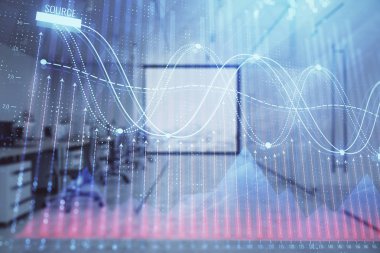 Ticaret masası banka ofisi iç arka planda stok piyasa şeması. Çift pozlama. Finansal analiz konsepti