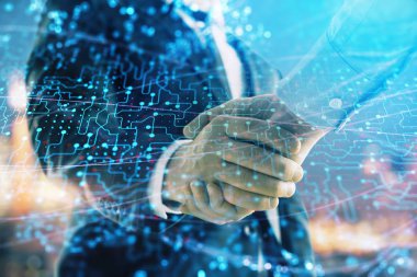 İki işadamı el sıkışması ile Cityscape arka planda çizim soyut teknoloji çift pozlama. İş içinde teknoloji rolü kavramı