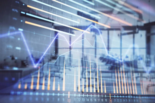 Gráfico de mercado de ações e obrigações com escritório de mesa de negociação interior do banco em segundo plano. Exposição múltipla. Conceito de análise financeira — Fotografia de Stock
