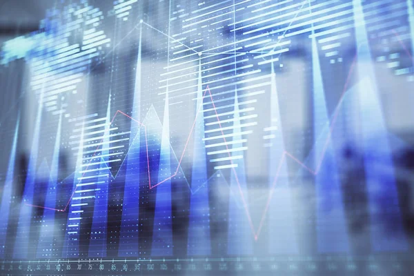 Gráfico del mercado de valores y bonos y mapa del mundo con escritorio de negociación interior de la oficina bancaria en segundo plano. Exposición múltiple. Concepto de finanzas internacionales — Foto de Stock