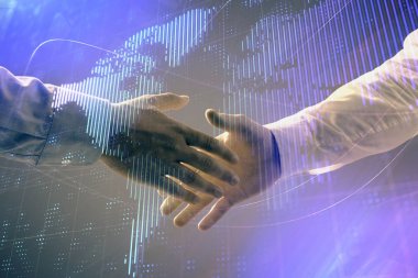 İki işadamı el sıkışması ile soyut arka plan üzerinde Dünya Haritası Multi pozlama. Uluslararası iş konsepti