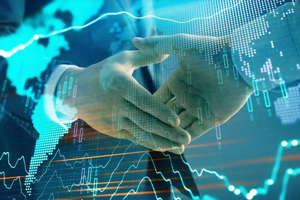 Multi exponering av Forex Graph och världskarta på abstrakt bakgrund med två affärsmän handskakning. Framgångskoncept på internationella marknader — Stockfoto