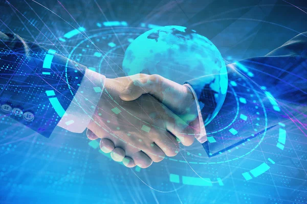 Multi exposure of world map on abstract background with two businessmen handshake. Concept of international business