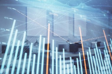 Ticaret masası banka ofisi iç arka planda stok piyasa şeması. Çift pozlama. Finansal analiz konsepti