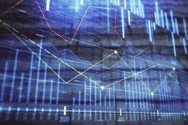 Soyut arka plan ile finansal grafik hologram. Çift pozlama. Piyasa Analizi konsepti