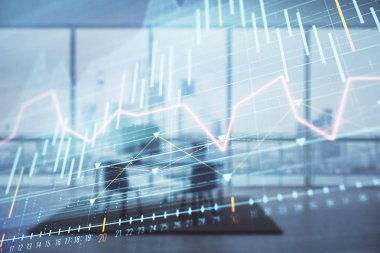 Minimalist kabine iç arka plan ile iş teması grafik hologram. Çift pozlama. Hisse senedi piyasası konsepti.