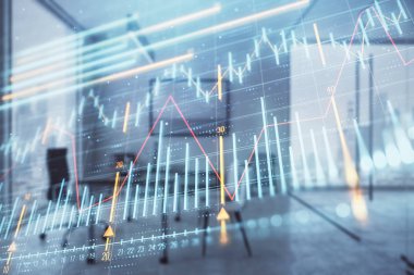 Minimalist kabine iç arka plan ile iş teması grafik hologram. Çift pozlama. Hisse senedi piyasası konsepti.