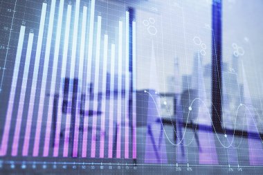 Minimalist kabine iç arka plan ile Forex grafik hologram. Çift pozlama. Hisse senedi piyasası konsepti.