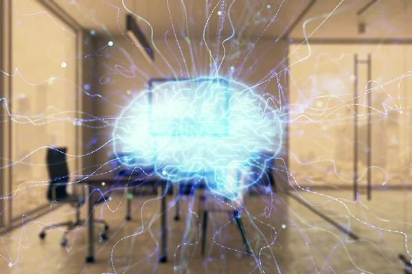 Hologram znak mózgu z minimalistyczne tło szafy. Podwójna ekspozycja. Koncepcja AI. — Zdjęcie stockowe