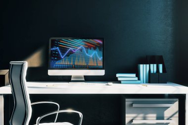 Bilgisayar ekranında finansal grafikler ve grafikler ile kabine masaüstü iç. Hisse senedi piyasası analizi ve ticaret kavramı. 3B işleme.