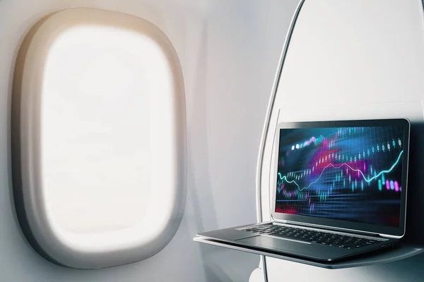 Laptop close up dentro do avião com gráfico forex na tela. Conceito de negociação de mercado financeiro. Renderização 3d . — Fotografia de Stock