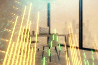 Minimalist kabine iç arka plan ile Forex grafik hologram. Çift pozlama. Hisse senedi piyasası konsepti.