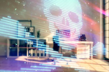 Minimalist kabine iç arka plan ile siber korsanlık hologram. Çift pozlama. Hacking kavramı.