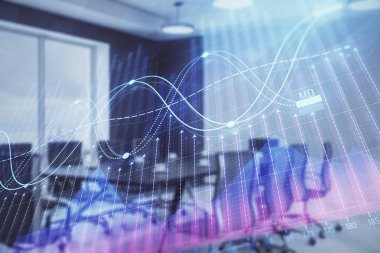 Konferans odası arka planda Forex çizelgesine çift pozlama. Hisse senedi piyasası analizi konsepti