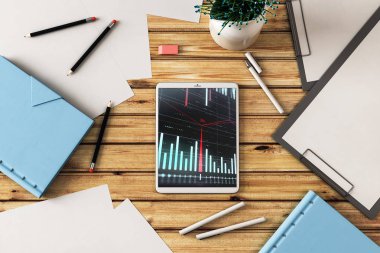 Dijital tablet ekranda mali grafik ile üst görünüm çekim. Online işlem uygulama konsepti. 3B işleme.