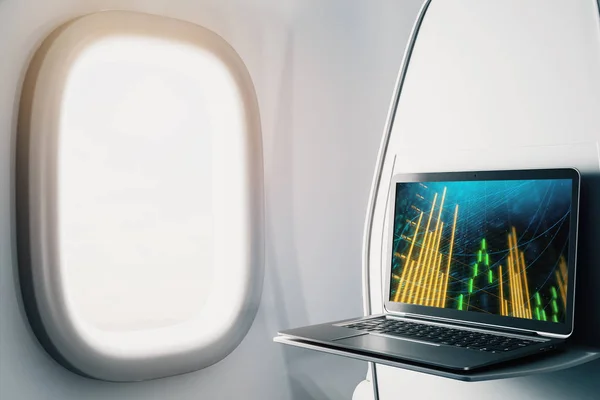 画面上の外国為替グラフと飛行機の中でラップトップクローズアップ。金融市場取引の概念。3D レンダリング. — ストック写真
