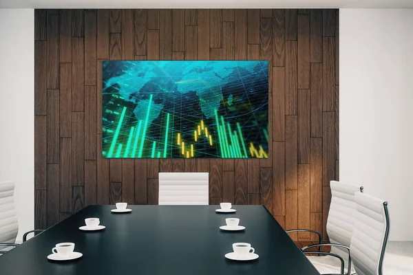 Vergaderruimte interieur met financiële grafiek en wereld kaart op scherm monitor op de muur. Aandelenmarkt analyse concept. 3D-rendering. — Stockfoto