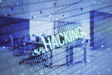 Arka planda ofis iç ile Hacking Tema hologram. Çift pozlama. Siber korsanlık kavramı