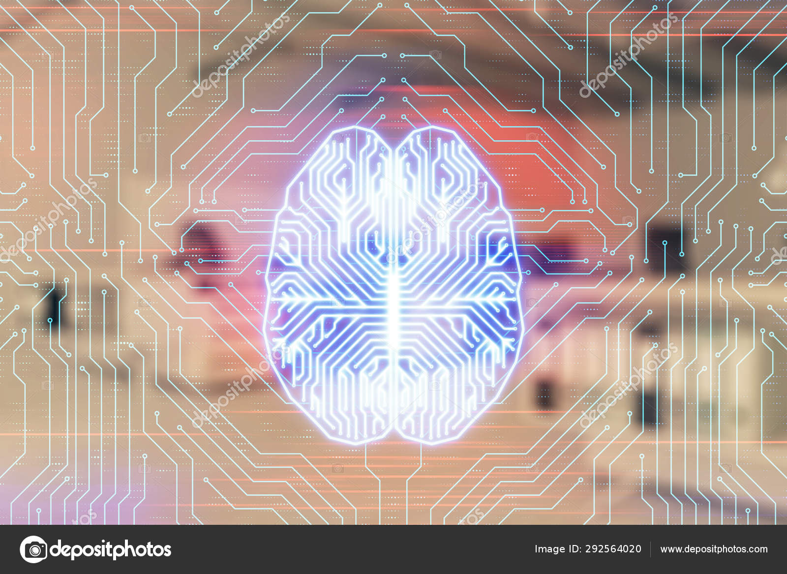 Human Brain Drawing With Office Interior On Background