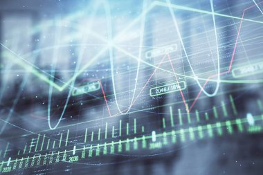 Arka planda ticaret masası banka Ofisi İç ile stok ve tahvil piyasa grafiği. Çok pozlama. Finansal analiz konsepti