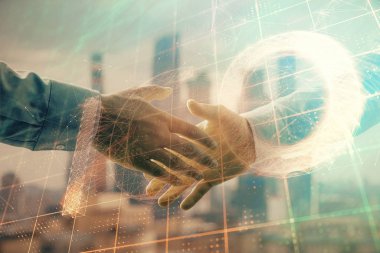 El sıkışması ile Cityscape arka planda kripto ekonomisi Tema çizim çift pozlama. Ortaklık ve Blockchain konsepti