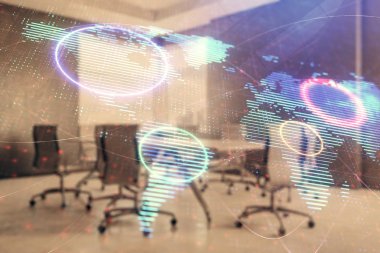 Konferans odası arka planda dünya hologram çift pozlama. Uluslararası iş konsepti