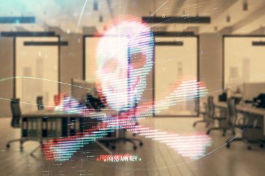Arka planda ofis iç ile Hacking Tema hologram. Çift pozlama. Siber korsanlık kavramı