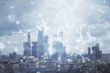 Çift Pozlama soyut teknoloji Cityscape arka planda çizim. Teknoloji yenilik kavramı