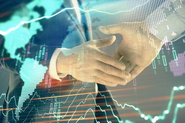 İki işadamı el sıkışması ile soyut arka plan üzerinde Forex grafik ve Dünya Haritası Multi pozlama. Uluslararası pazarlarda başarı konsepti