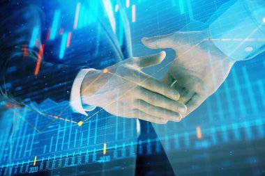 İki işadamı el sıkışması ile soyut arka planda Forex grafik Multi pozlama. Hisse senedi piyasasında başarı kavramı