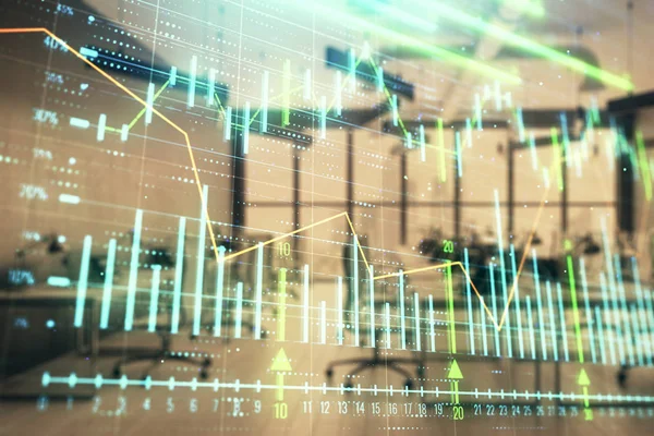 Stock and bond market graph with trading desk bank office interior on background. Multi exposure. Concept of financial analysis