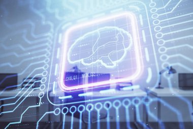 Arka planda ofis iç ile insan beyni çizim. Çift pozlama. Yenilik konsepti.