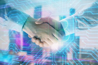 El sıkışması ile Cityscape arka planda kripto ekonomisi Tema çizim çift pozlama. Ortaklık ve Blockchain konsepti