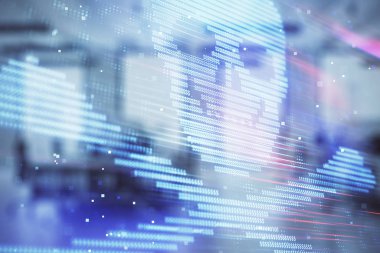 Arka planda ofis iç ile Hacking Tema hologram. Çift pozlama. Siber korsanlık kavramı