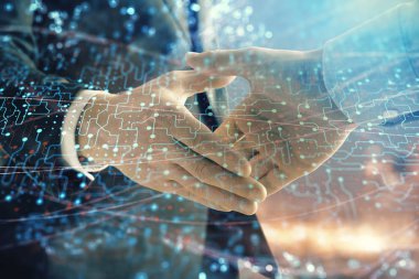 İki işadamı el sıkışması ile Cityscape arka planda çizim soyut teknoloji çift pozlama. İş içinde teknoloji rolü kavramı