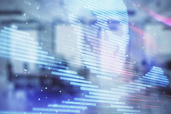 Arka planda ofis iç ile Hacking Tema hologram. Çift pozlama. Siber korsanlık kavramı