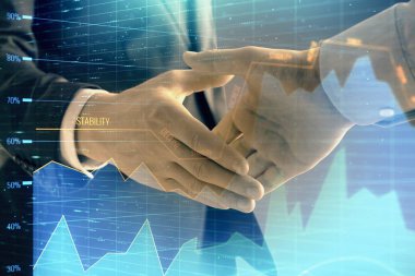 İki işadamı el sıkışması ile soyut arka planda Forex grafik Multi pozlama. Hisse senedi piyasasında başarı kavramı