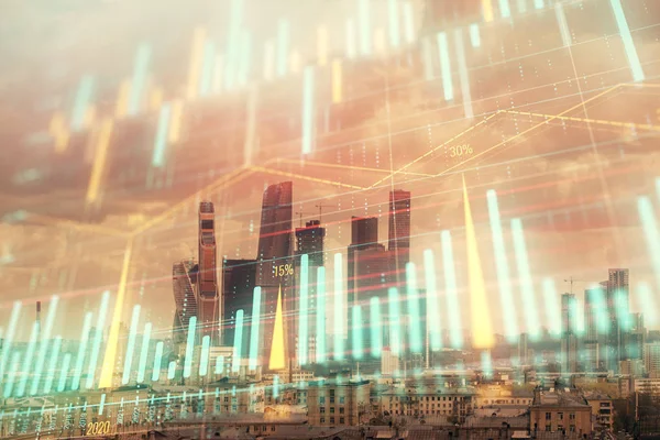 Double exposure of financial graph on downtown veiw background. Concept of stock market research and analysis