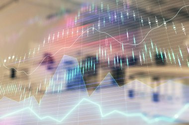 Ticaret masası banka ofisi iç arka planda stok piyasa şeması. Çift pozlama. Finansal analiz konsepti