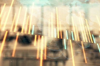 Stok ve tahvil piyasa grafik ve arka planda ticaret masası banka Ofisi İç ile dünya haritası. Çok pozlama. Uluslararası Finans konsepti