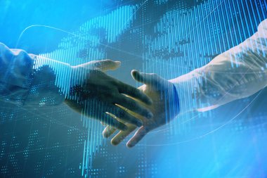 İki işadamı el sıkışması ile soyut arka plan üzerinde Dünya Haritası Multi pozlama. Uluslararası iş konsepti