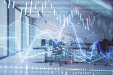 Arka planda ticaret masası banka Ofisi İç ile stok ve tahvil piyasa grafiği. Çok pozlama. Finansal analiz konsepti