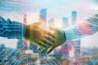 El sıkışması ile Cityscape arka planda kripto ekonomisi Tema çizim çift pozlama. Ortaklık ve Blockchain konsepti