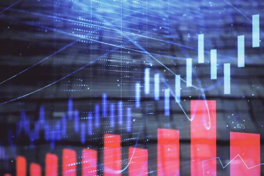 Soyut arka plan ile finansal grafik hologram. Çift pozlama. Piyasa Analizi konsepti