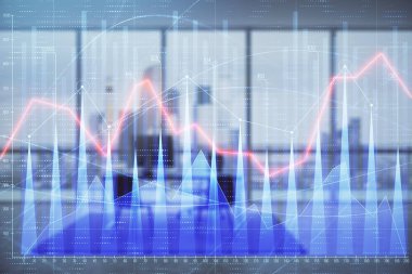 Minimalist kabine iç arka plan ile iş teması grafik hologram. Çift pozlama. Hisse senedi piyasası konsepti.