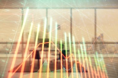 Minimalist kabine iç arka plan ile iş teması grafik hologram. Çift pozlama. Hisse senedi piyasası konsepti.