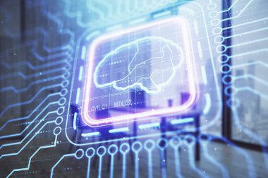 Minimalist dolap arka plan ile beyin işareti hologram. Çift pozlama. Ai kavramı.