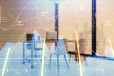 Minimalist kabine iç arka plan ile Forex grafik hologram. Çift pozlama. Hisse senedi piyasası konsepti.