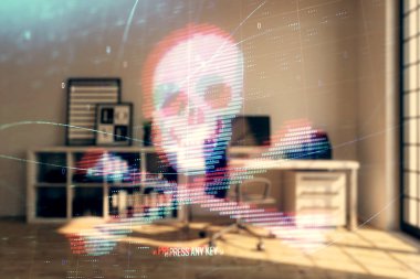 Minimalist kabine iç arka plan ile siber korsanlık hologram. Çift pozlama. Hacking kavramı.