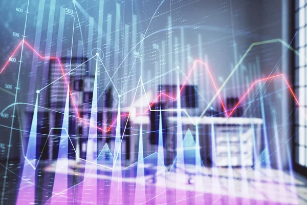 Forex diagram hologram med minimalistiskt skåp interiör bakgrund. Dubbel exponering. Aktiemarknads koncept. — Stockfoto